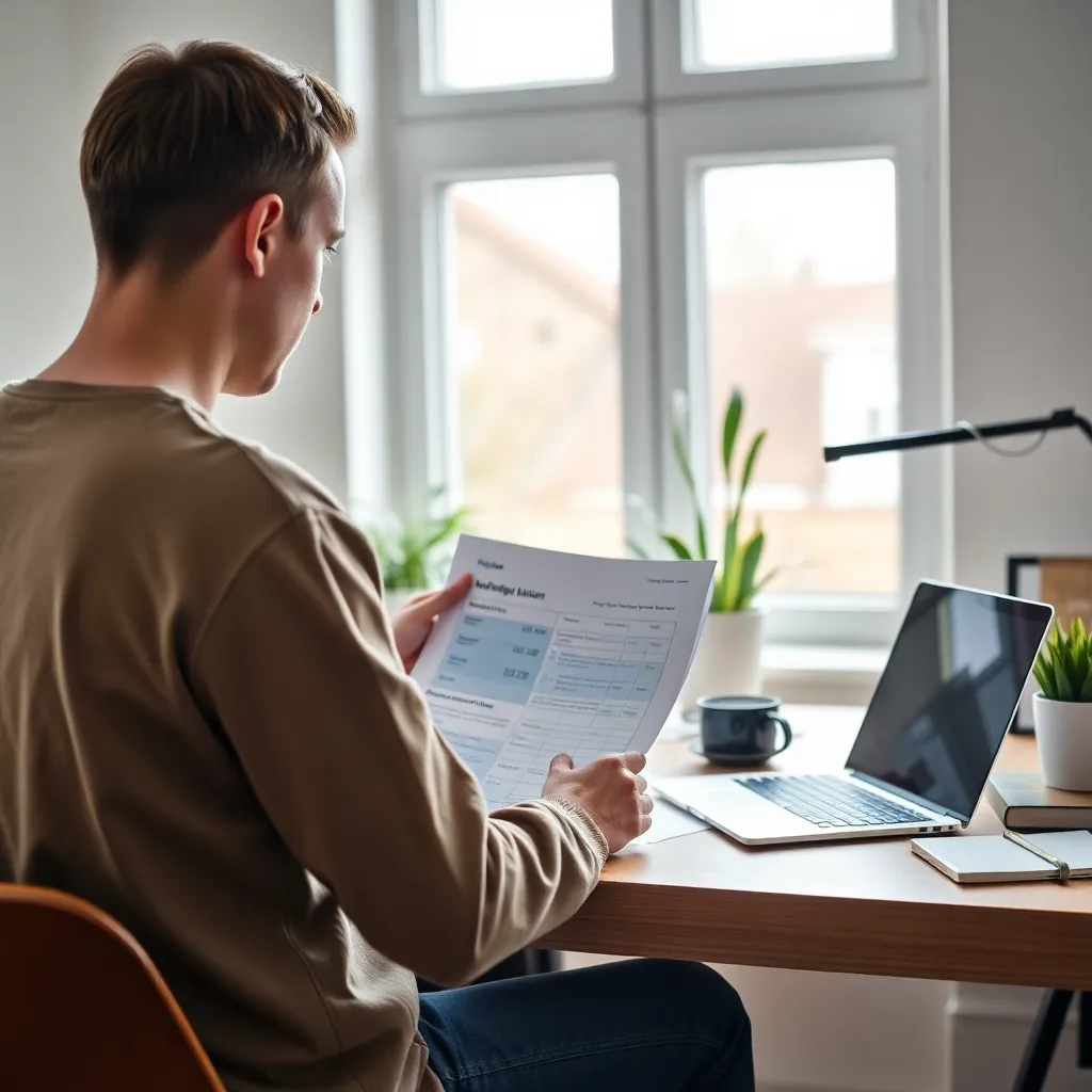 Persoon die financiële documenten bekijkt en budgetplan maakt op laptop