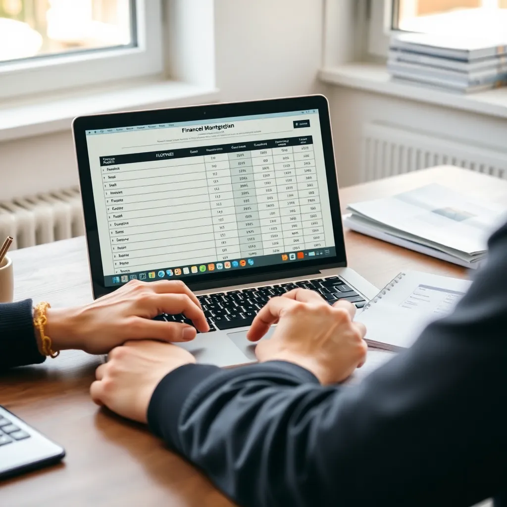 Persoon die budgetplan maakt op laptop met financiële documenten