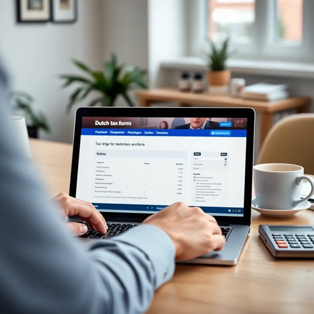 Persoon die Nederlandse belastingaangifte invult met laptop en documenten