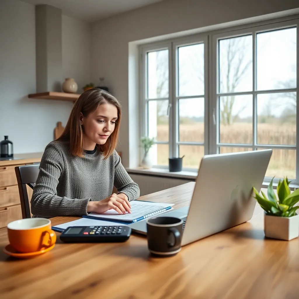 Persoon die 50-30-20 budgetplan maakt aan keukentafel met laptop en rekenmachine