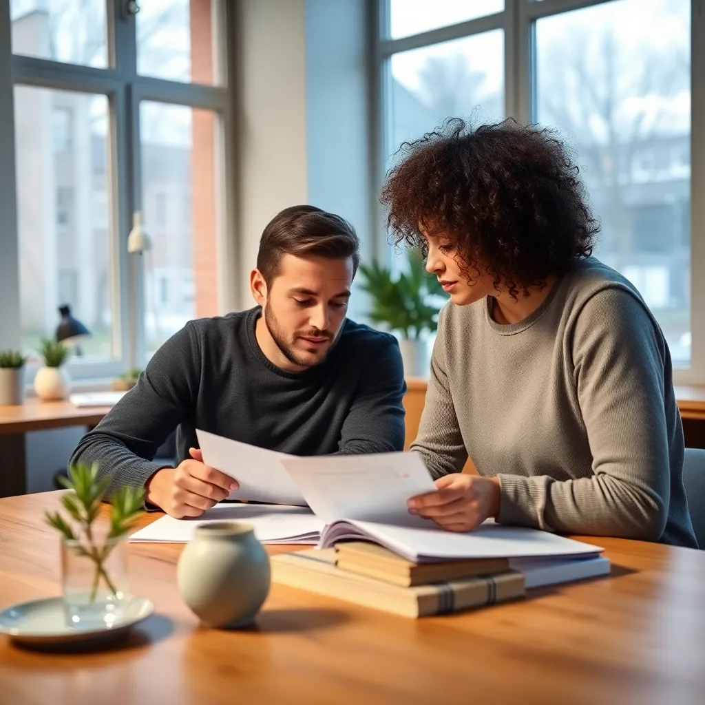 Jong koppel dat samen financiële planning doet in Nederlandse woonkamer