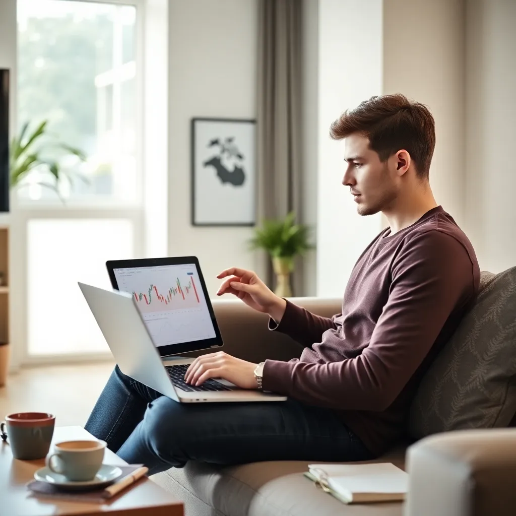 Jonge Nederlandse professional die investeert via laptop met grafiek